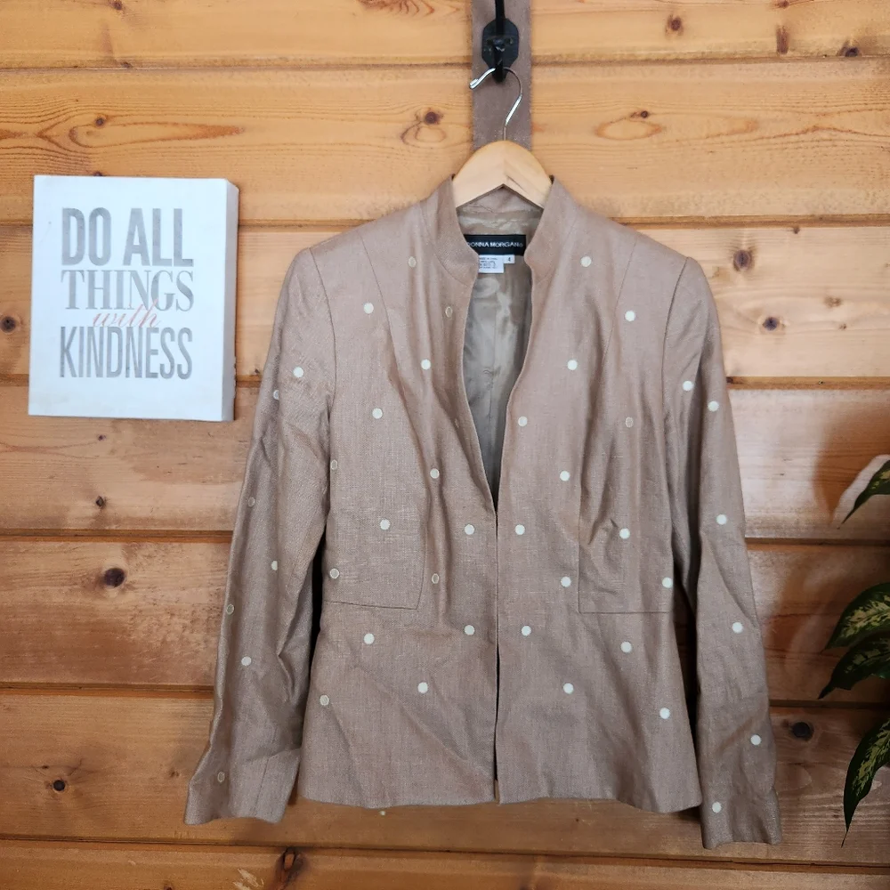 Donna Morgan Polka Dot Beige Tan Linen Blazer Suit Jacket Teill Embroidered Sz 4